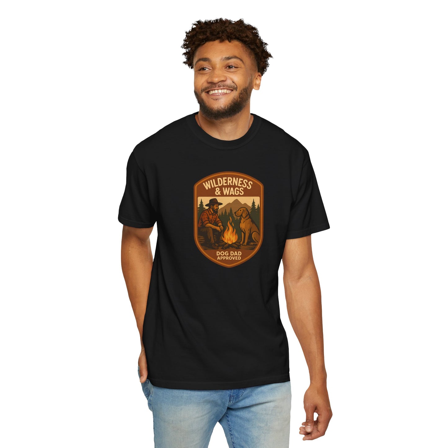 Wilderness & Wags Dog Dad Unisex T-Shirt, Dog Lover Gift, Camping Tee, Father’s Day Apparel, Nature-Inspired Shirt
