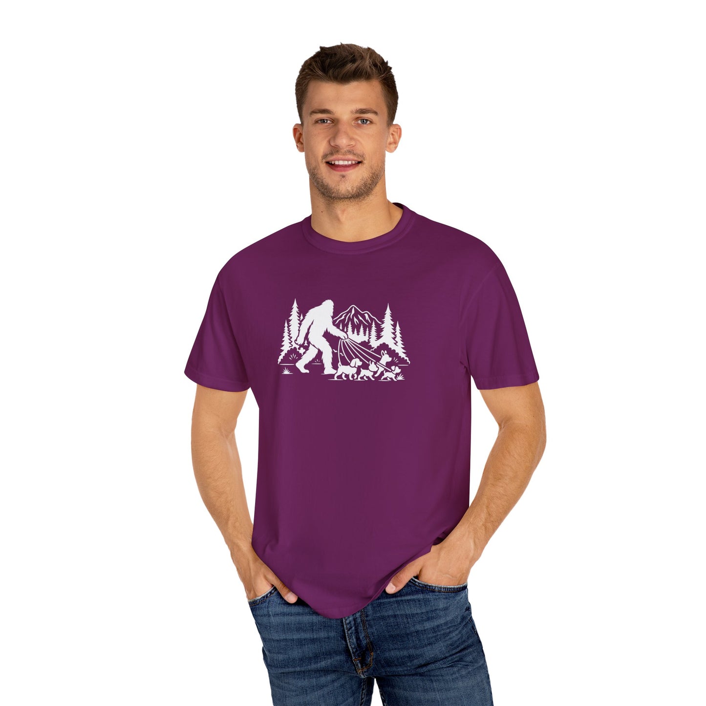 Bigfoot dog walk T-Shirt with Outdoor Adventure Design