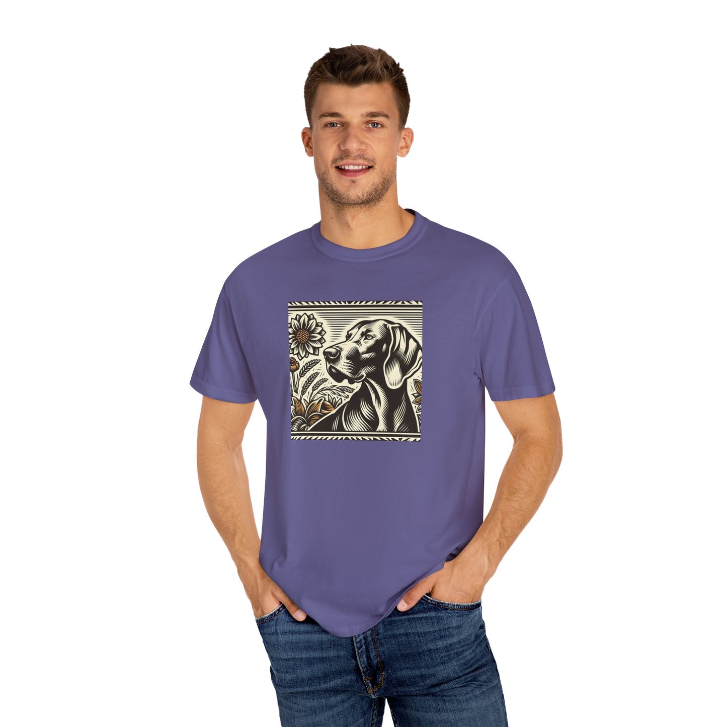 Weimaraner Dog Lover's Unisex Garment-Dyed T-Shirt with Floral Design