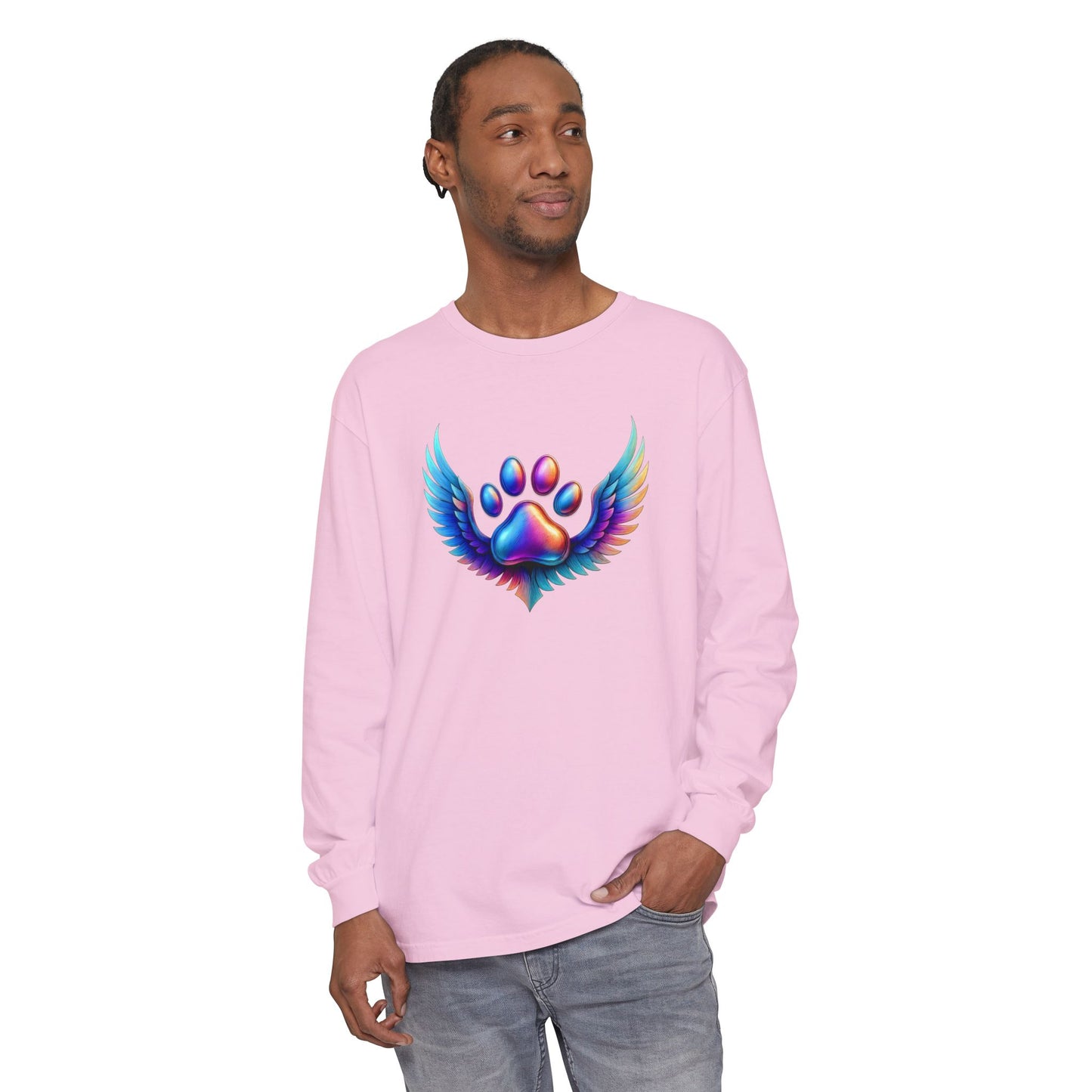 Colorful Paw Print Long Sleeve T-Shirt, Animal Lover Gift, Pet Memorial Tee, Winged Paw Shirt, Unisex Graphic Tee