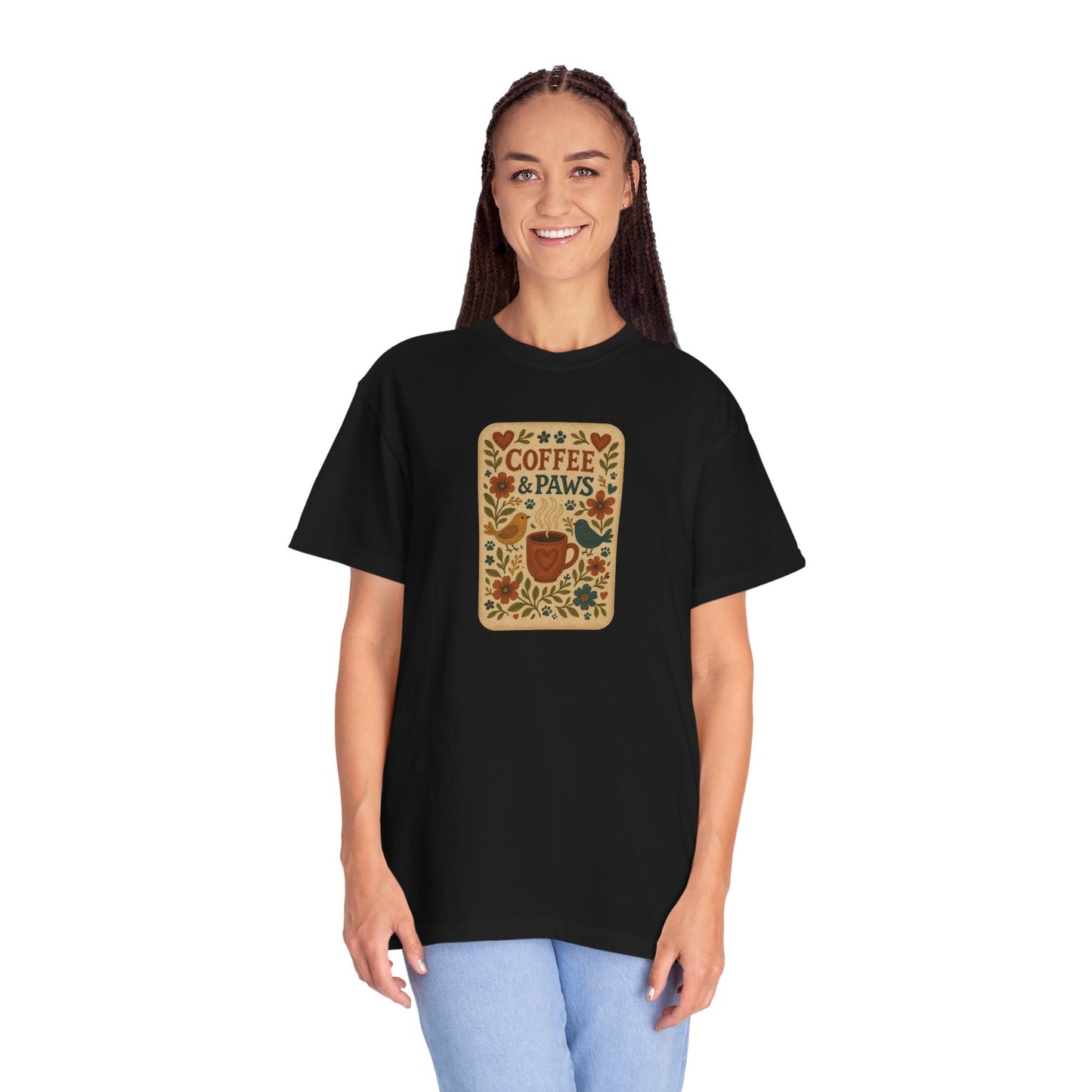Coffee and Paws Unisex T-Shirt | Cute Pet Lover Tee, Gift for Dog Owners, Casual Wear, Animal Lover Apparel, Perfect for Coffee Lovers