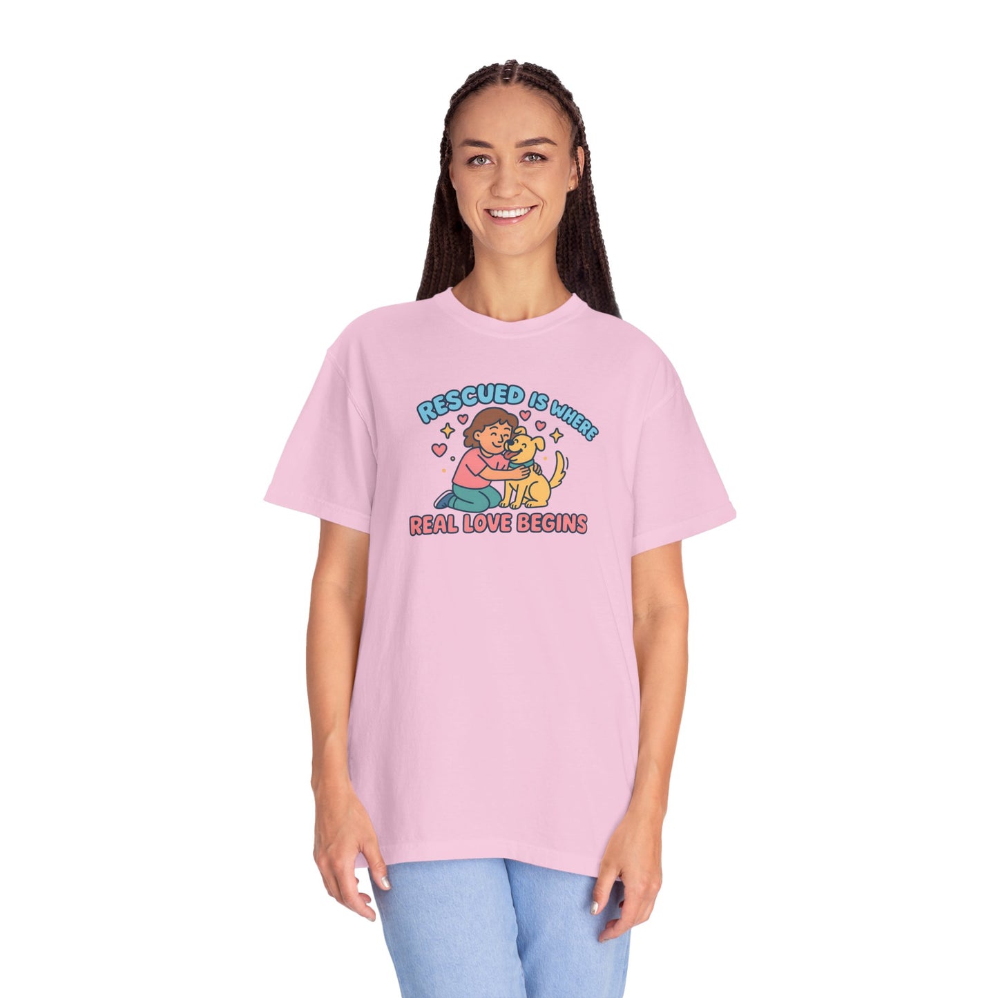 Rescued Is Where Real Love Begins Unisex T-Shirt - For Animal Lovers, Gift for Dog Owners, Adoption Awareness Tee, Casual Wear, Eco-Friendly Fashion
