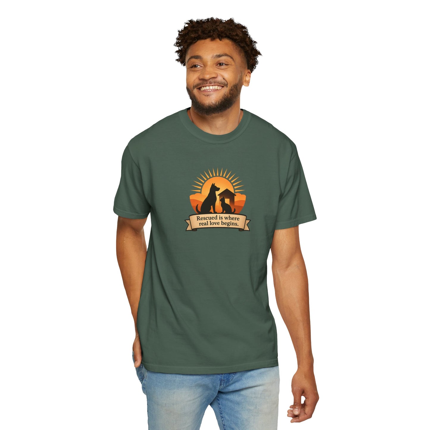 Rescued Is Where Real Love Begins Unisex Garment-Dyed T-Shirt - Perfect for Outdoor Lovers, Hiking, Gifts, Nature Enthusiasts, Casual Wear