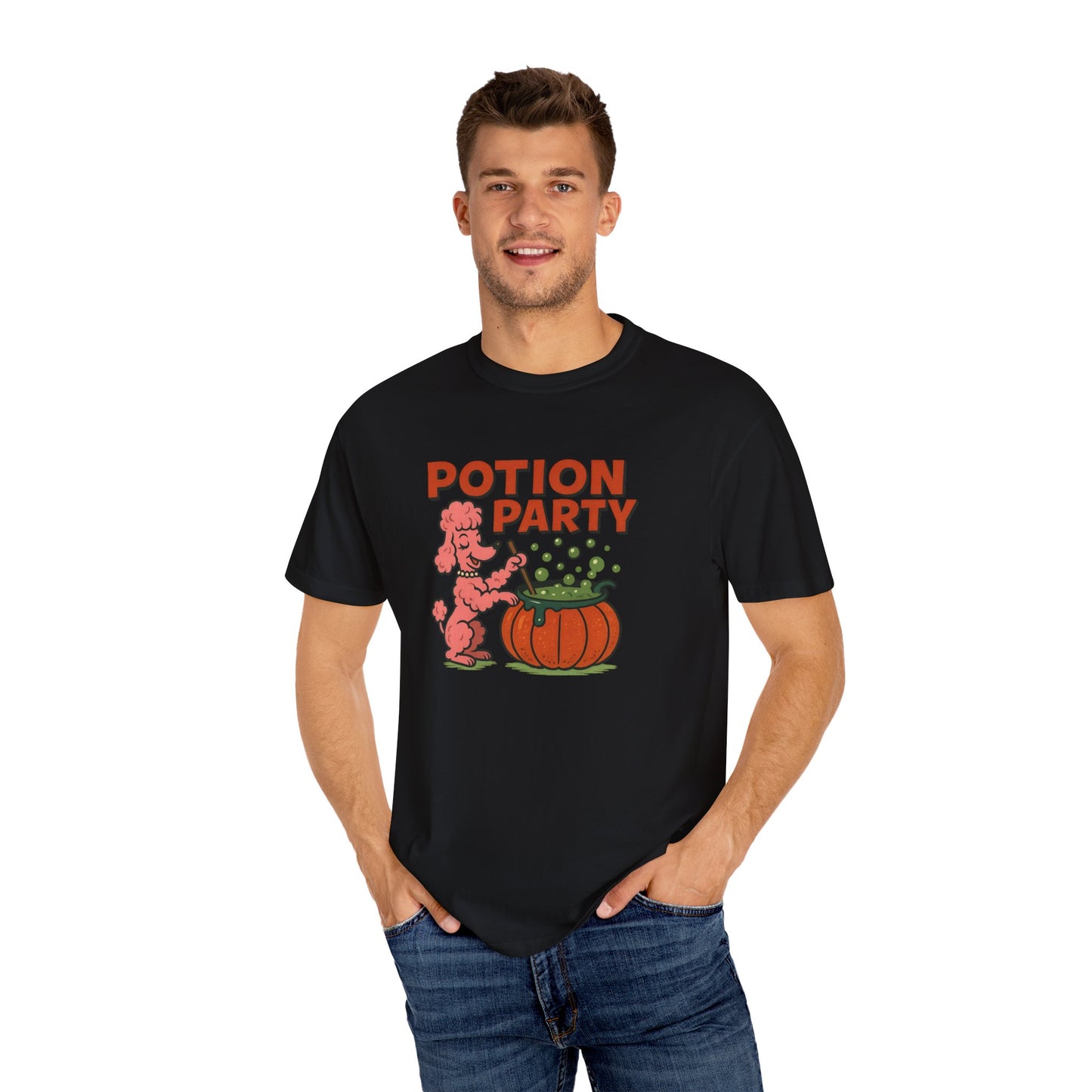 Potion Party Unisex Garment-Dyed T-Shirt | Fun Dog Design, Halloween Tee, Gift for Pet Lovers, Party Shirt, Cute Fall Top