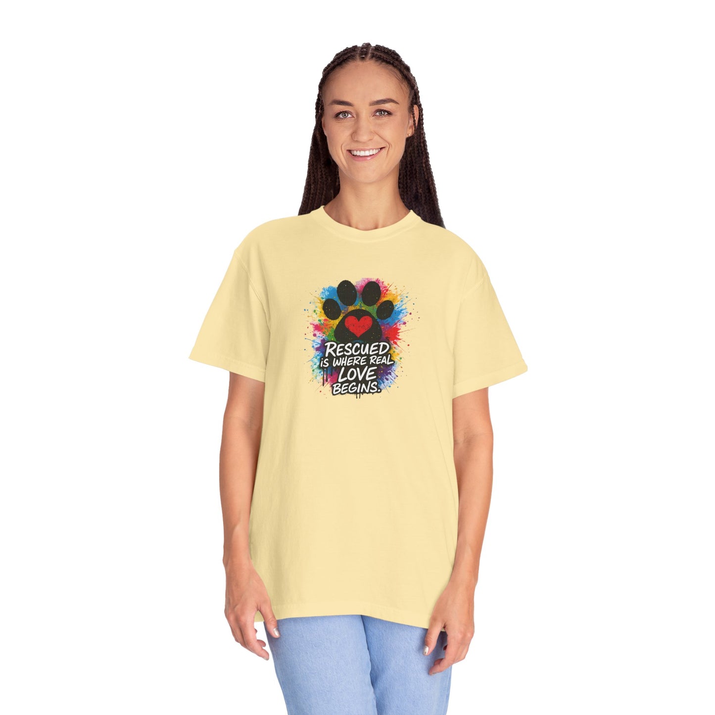 Rescued Is Where Real Love Begins T-Shirt | Paw Print Tee, Animal Lovers Gift, Dog Mom Shirt, Pet Adoption Awareness, Unisex Clothing