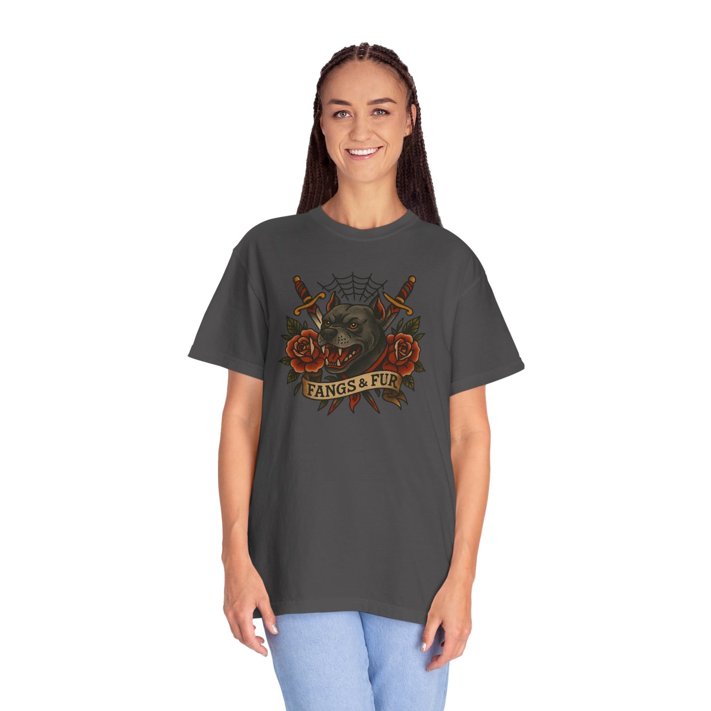 Fangs & Fur Unisex T-Shirt, Gothic Tee, Halloween Apparel, Alternative Fashion, Cat & Rose Design, Graphic T-Shirt