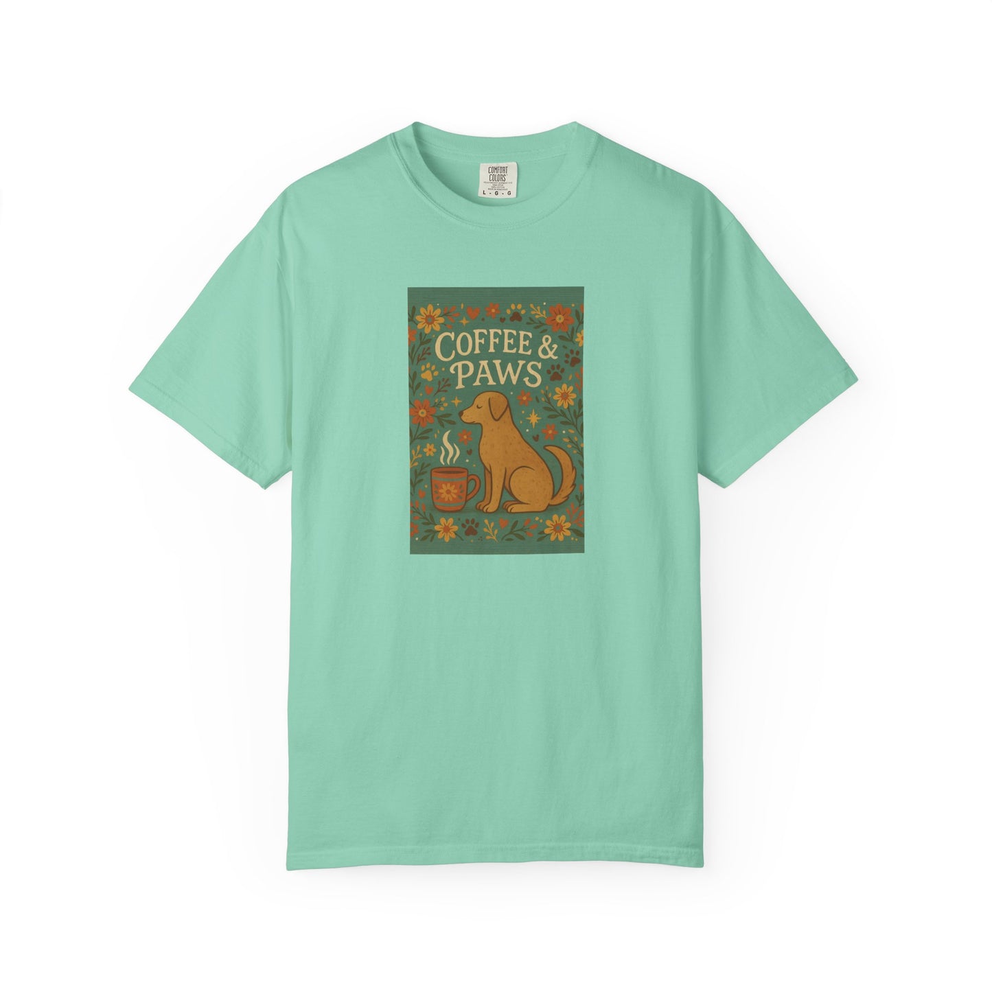 Coffee & Paws Unisex Garment-Dyed T-Shirt - Cute Dog Lovers Gift, Pet Owners Tee, Floral Design, Coffee Enthusiast Top, Casual Wear