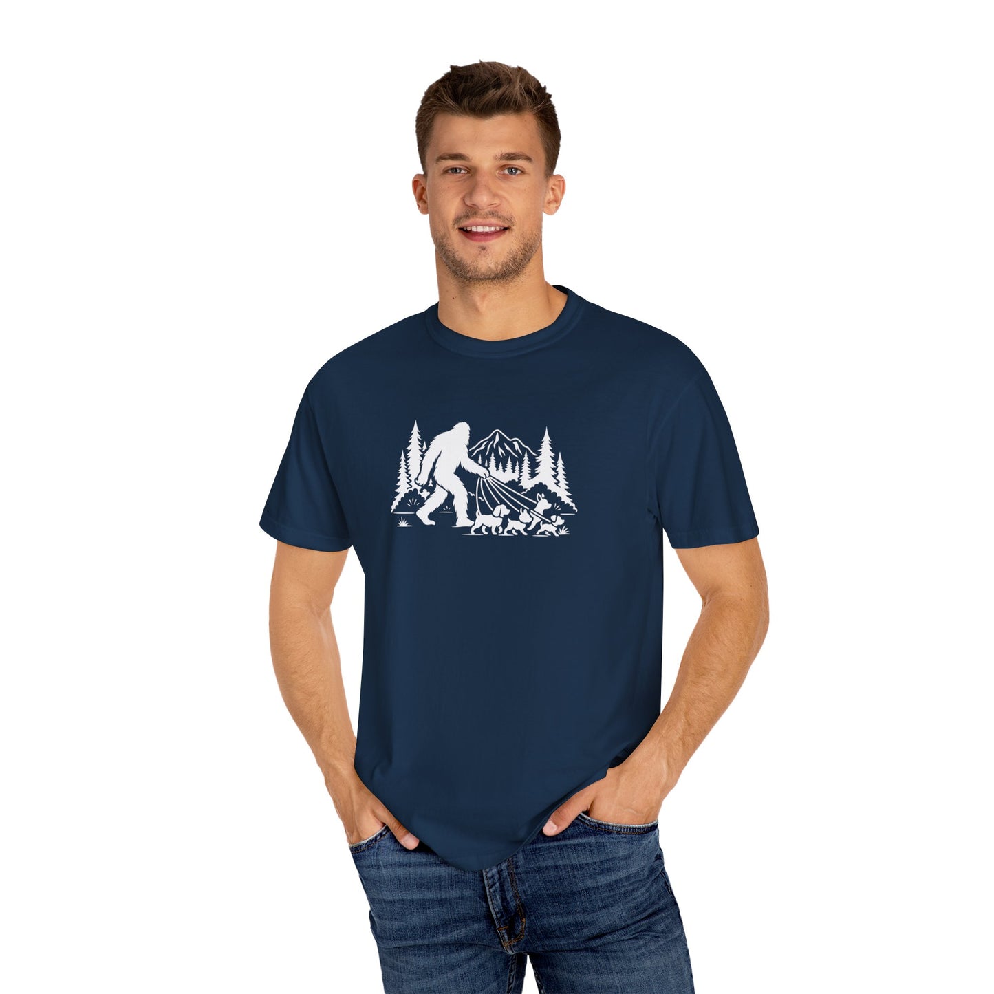 Bigfoot dog walk T-Shirt with Outdoor Adventure Design