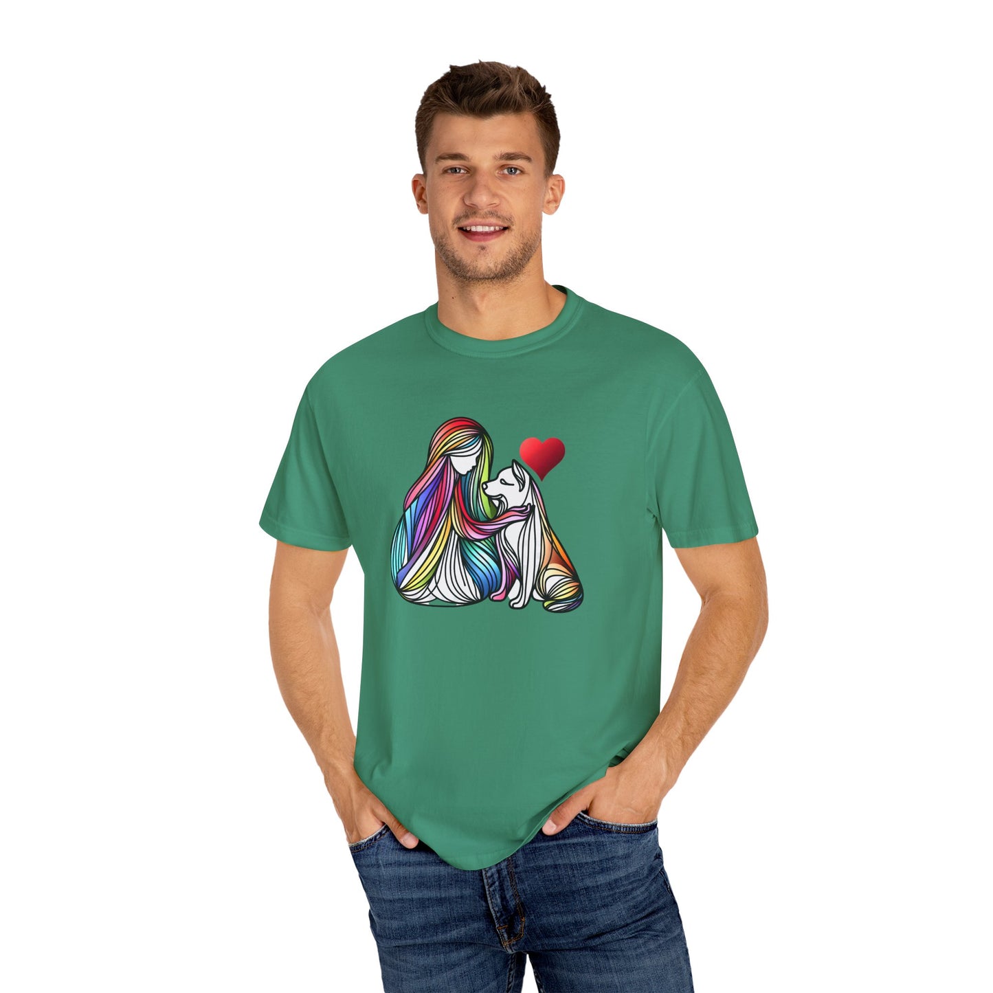 Colorful Dog Love Unisex T-Shirt - Garment-Dyed Cat & Woman Design