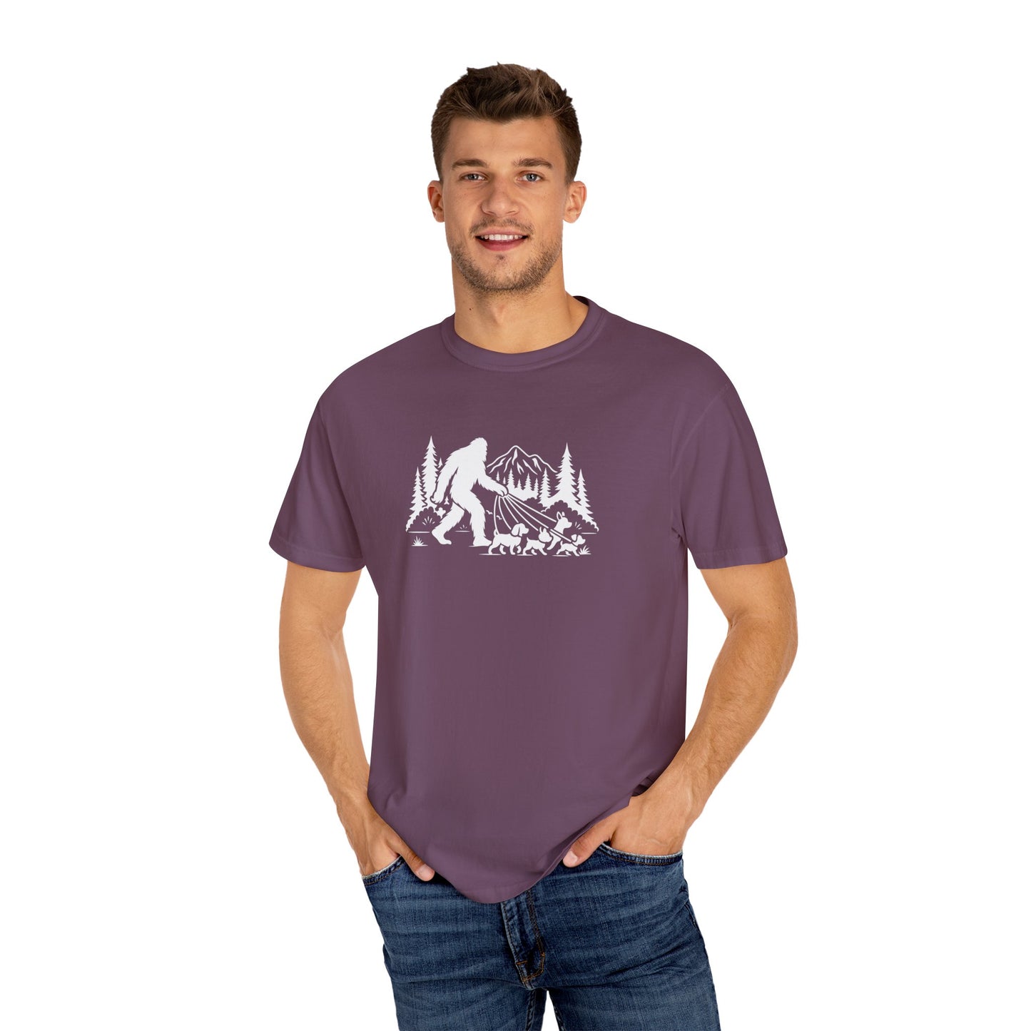 Bigfoot dog walk T-Shirt with Outdoor Adventure Design