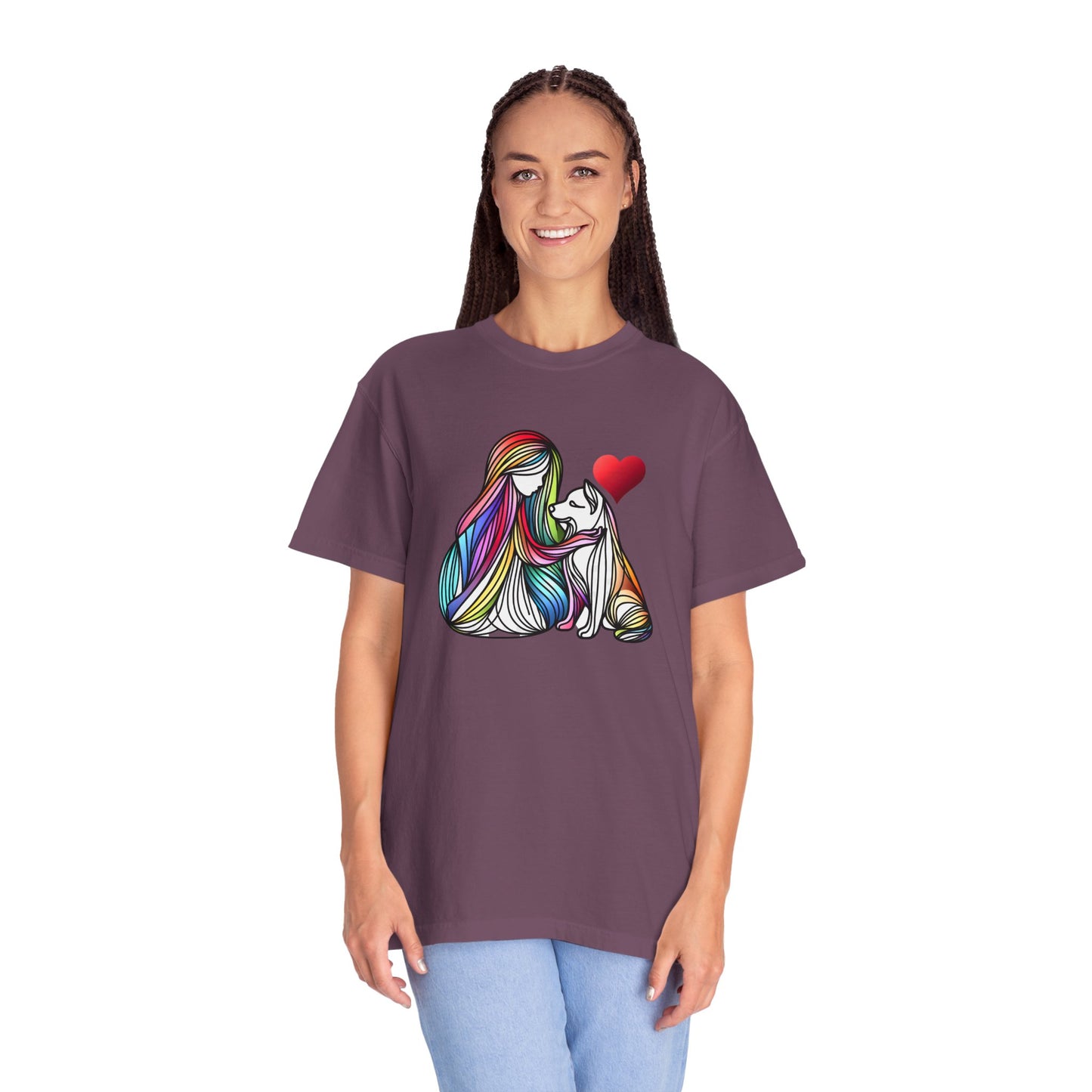 Colorful Dog Love Unisex T-Shirt - Garment-Dyed Cat & Woman Design