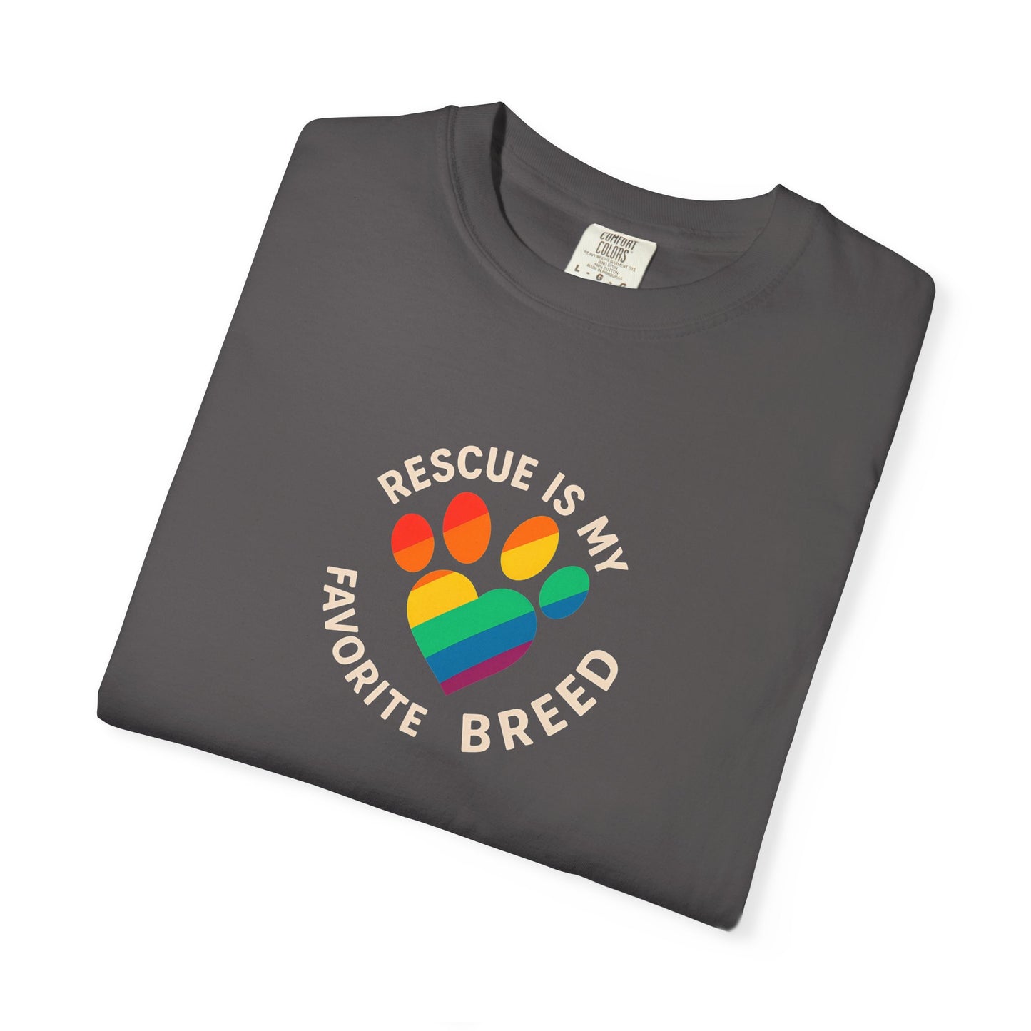 Rescue Is My Favorite Breed T-Shirt, Unisex Rainbow Dog Lover Tee, Pet Adoption Shirt, LGBTQ+ Apparel, Gift for Animal Lovers
