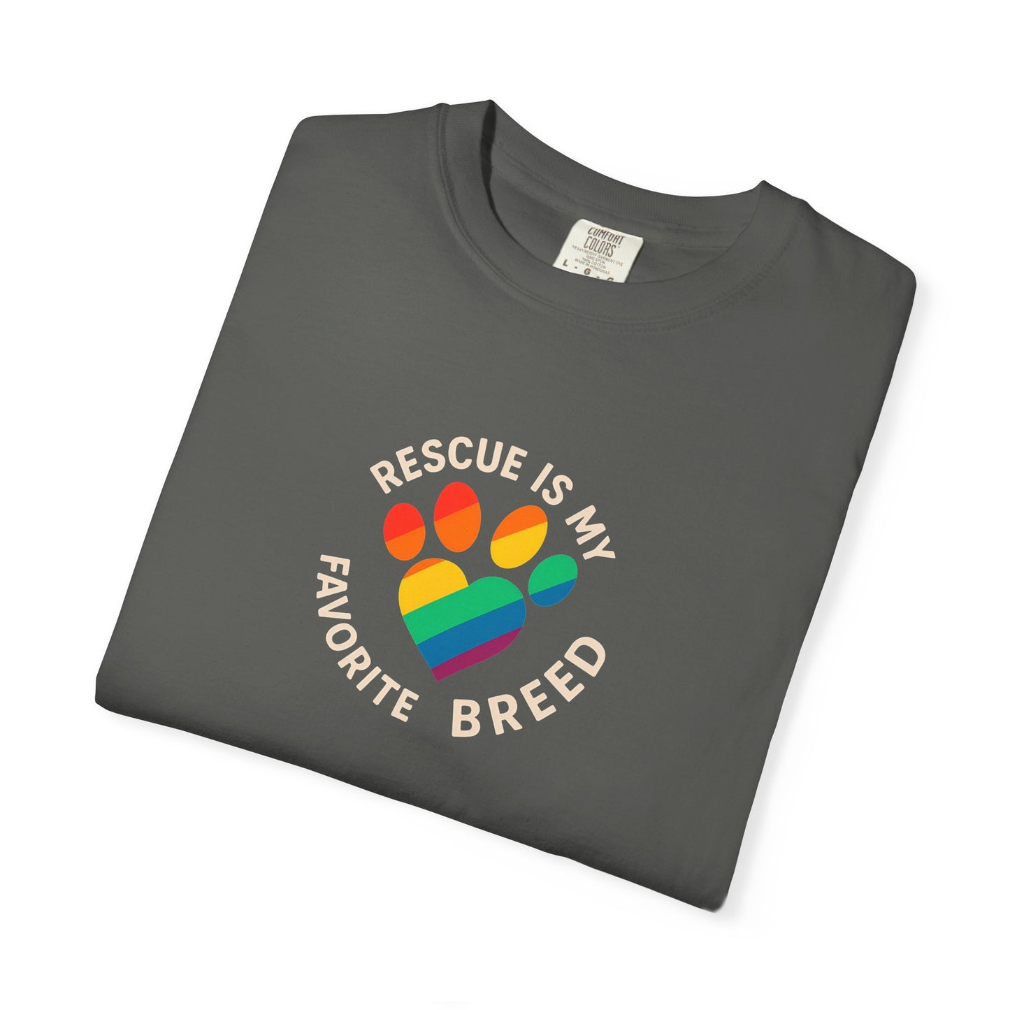 Rescue Is My Favorite Breed T-Shirt, Unisex Rainbow Dog Lover Tee, Pet Adoption Shirt, LGBTQ+ Apparel, Gift for Animal Lovers