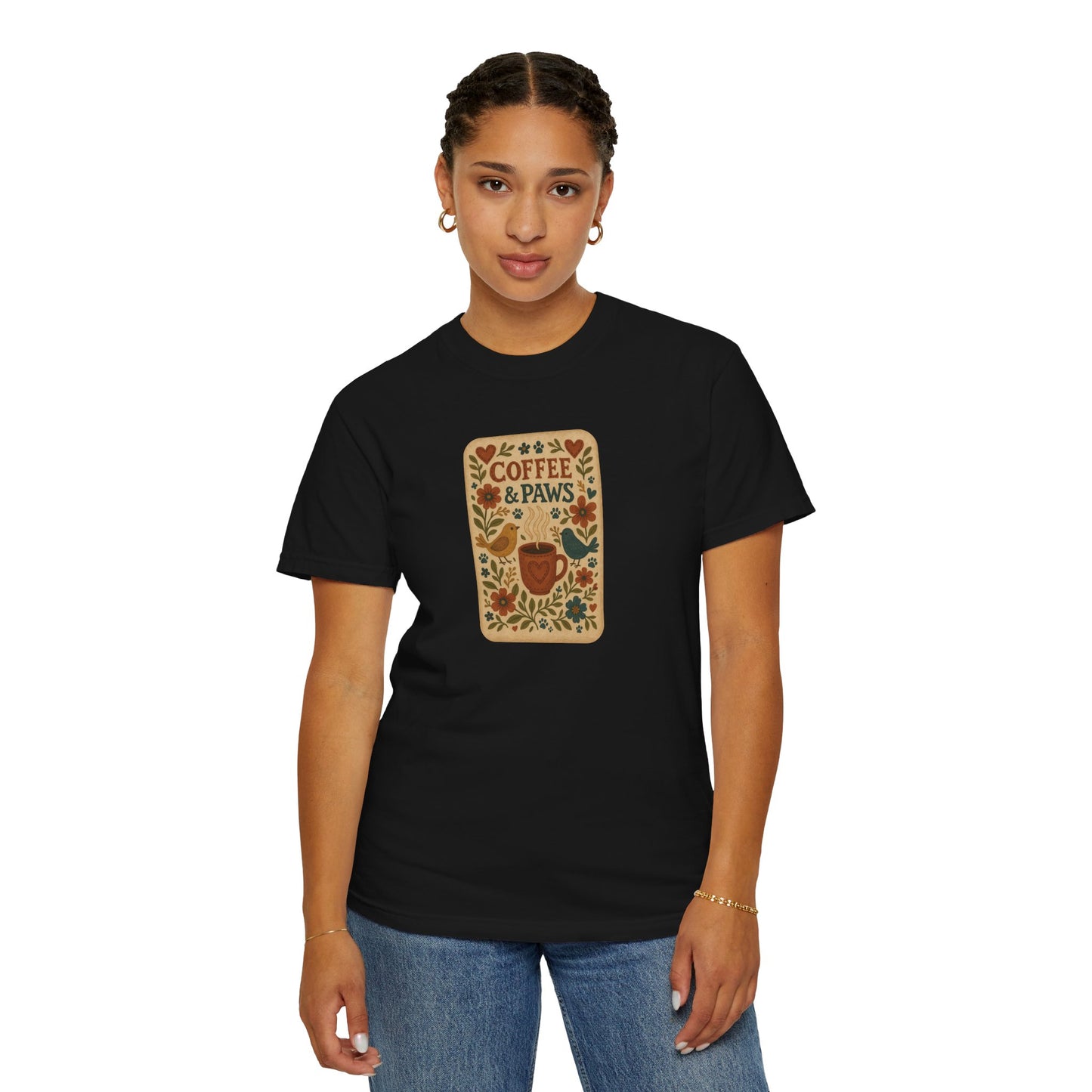 Coffee and Paws Unisex T-Shirt | Cute Pet Lover Tee, Gift for Dog Owners, Casual Wear, Animal Lover Apparel, Perfect for Coffee Lovers