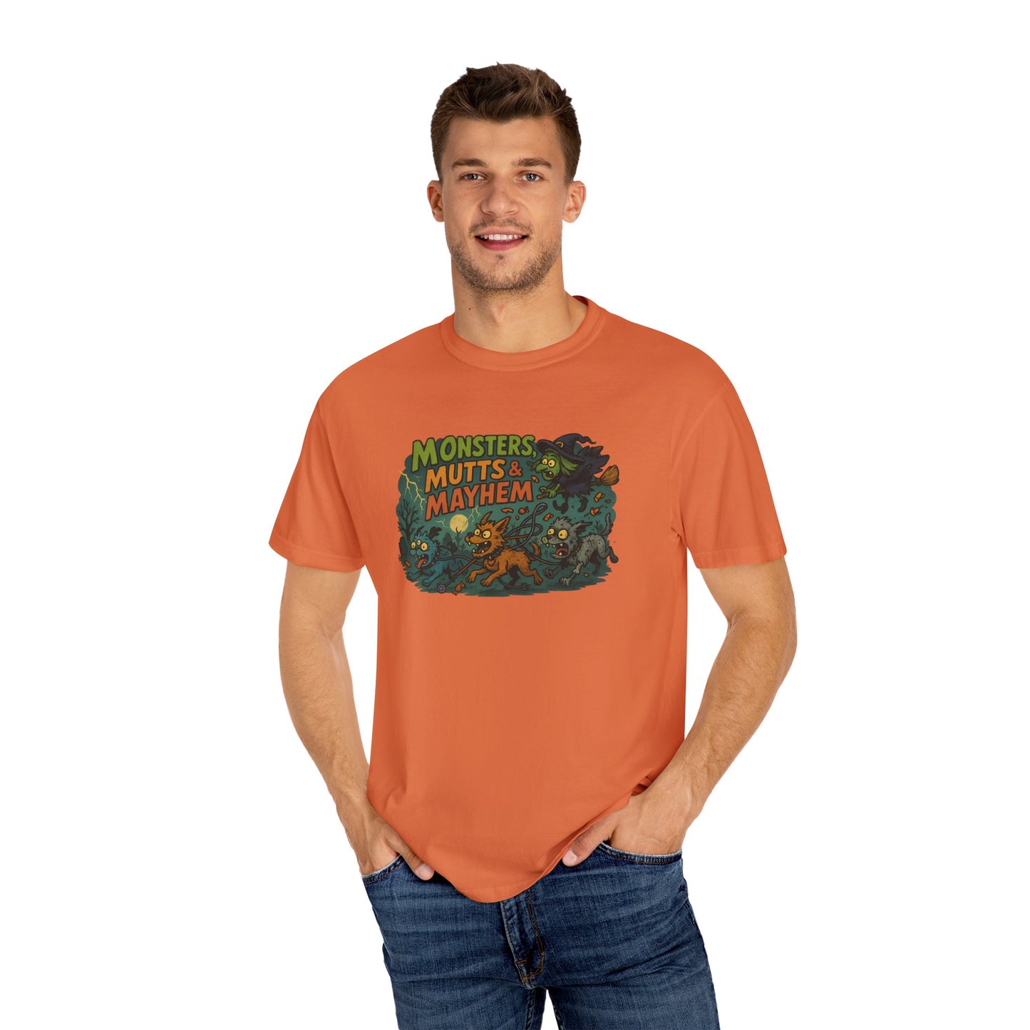 Monsters, Mutts & Mayhem T-Shirt | Unisex Cartoon Tee for Pet Lovers | Fun Graphic Top | Gift for Dog Owners | Halloween or Everyday Wear