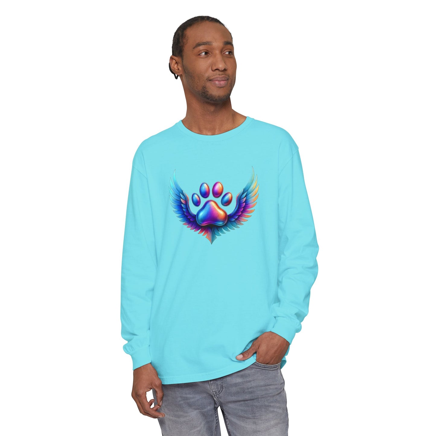 Colorful Paw Print Long Sleeve T-Shirt, Animal Lover Gift, Pet Memorial Tee, Winged Paw Shirt, Unisex Graphic Tee