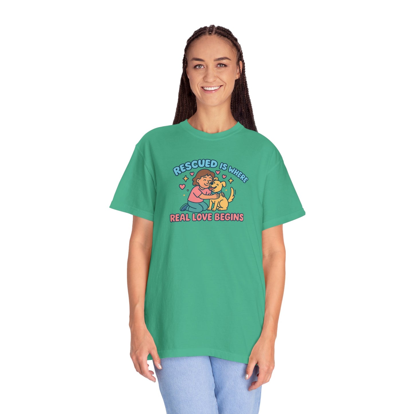 Rescued Is Where Real Love Begins Unisex T-Shirt - For Animal Lovers, Gift for Dog Owners, Adoption Awareness Tee, Casual Wear, Eco-Friendly Fashion