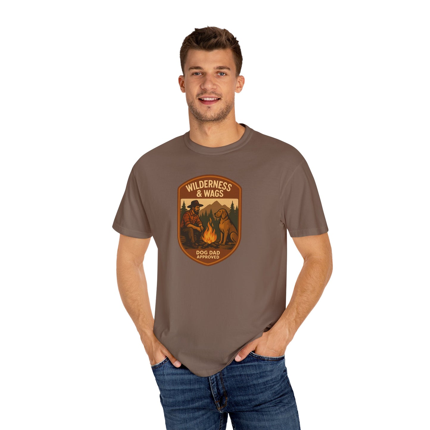 Wilderness & Wags Dog Dad Unisex T-Shirt, Dog Lover Gift, Camping Tee, Father’s Day Apparel, Nature-Inspired Shirt
