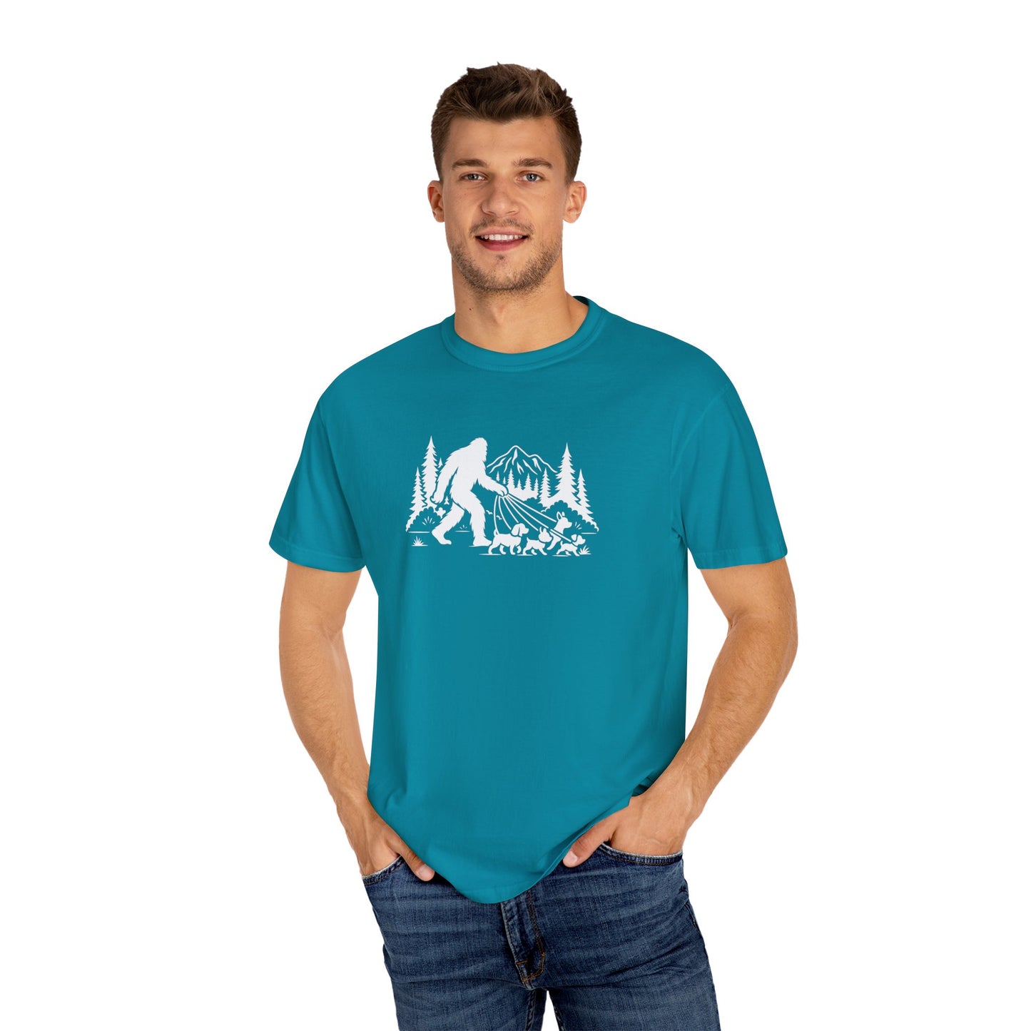 Bigfoot dog walk T-Shirt with Outdoor Adventure Design