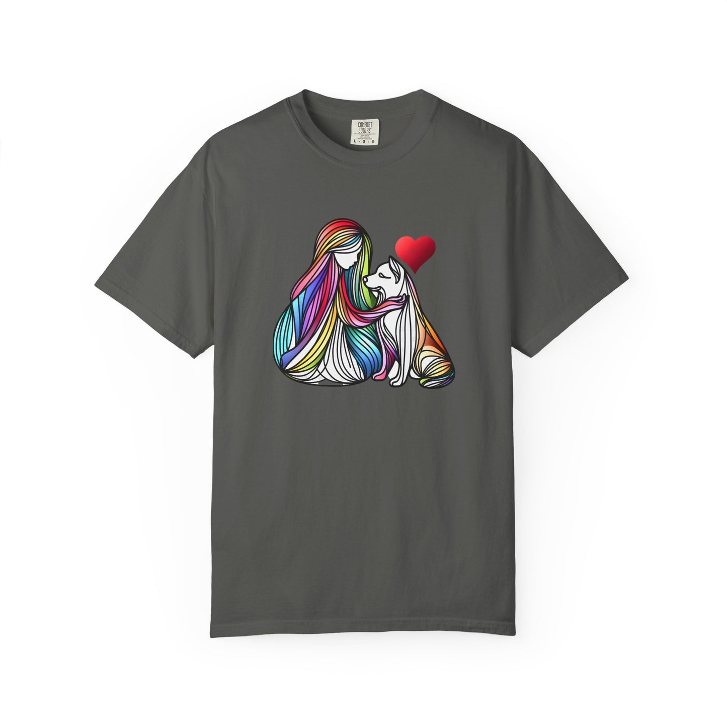 Colorful Dog Love Unisex T-Shirt - Garment-Dyed Cat & Woman Design