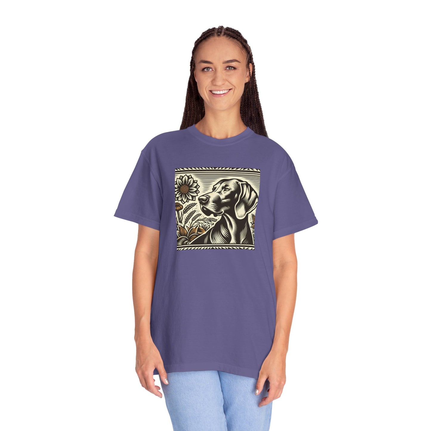 Weimaraner Dog Lover's Unisex Garment-Dyed T-Shirt with Floral Design