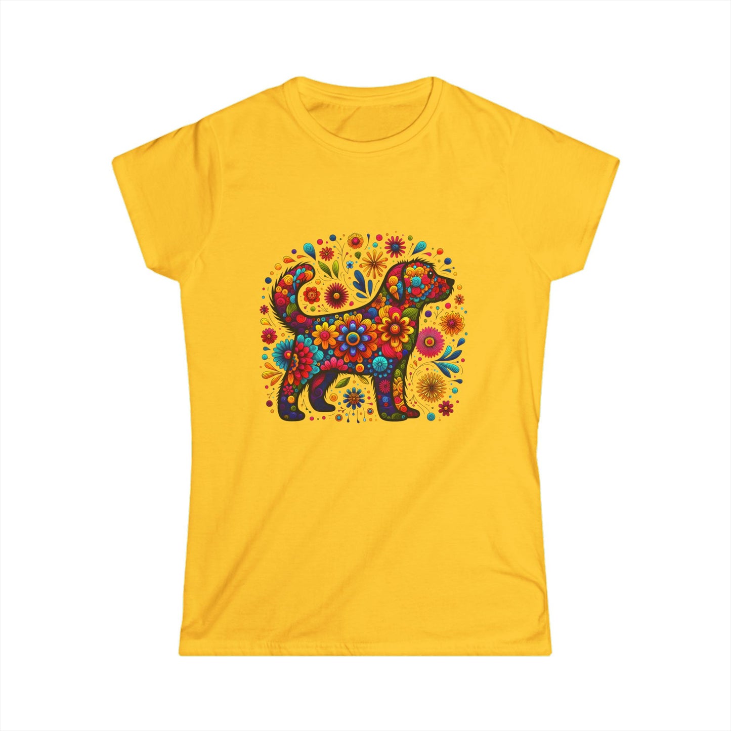 Women's Tee Colorful Dog and Flowers Artistic Design