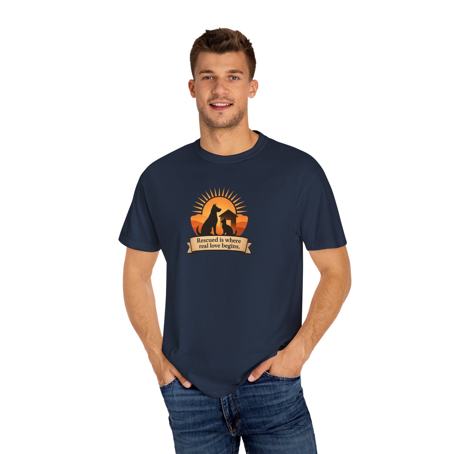 Rescued Is Where Real Love Begins Unisex Garment-Dyed T-Shirt - Perfect for Outdoor Lovers, Hiking, Gifts, Nature Enthusiasts, Casual Wear