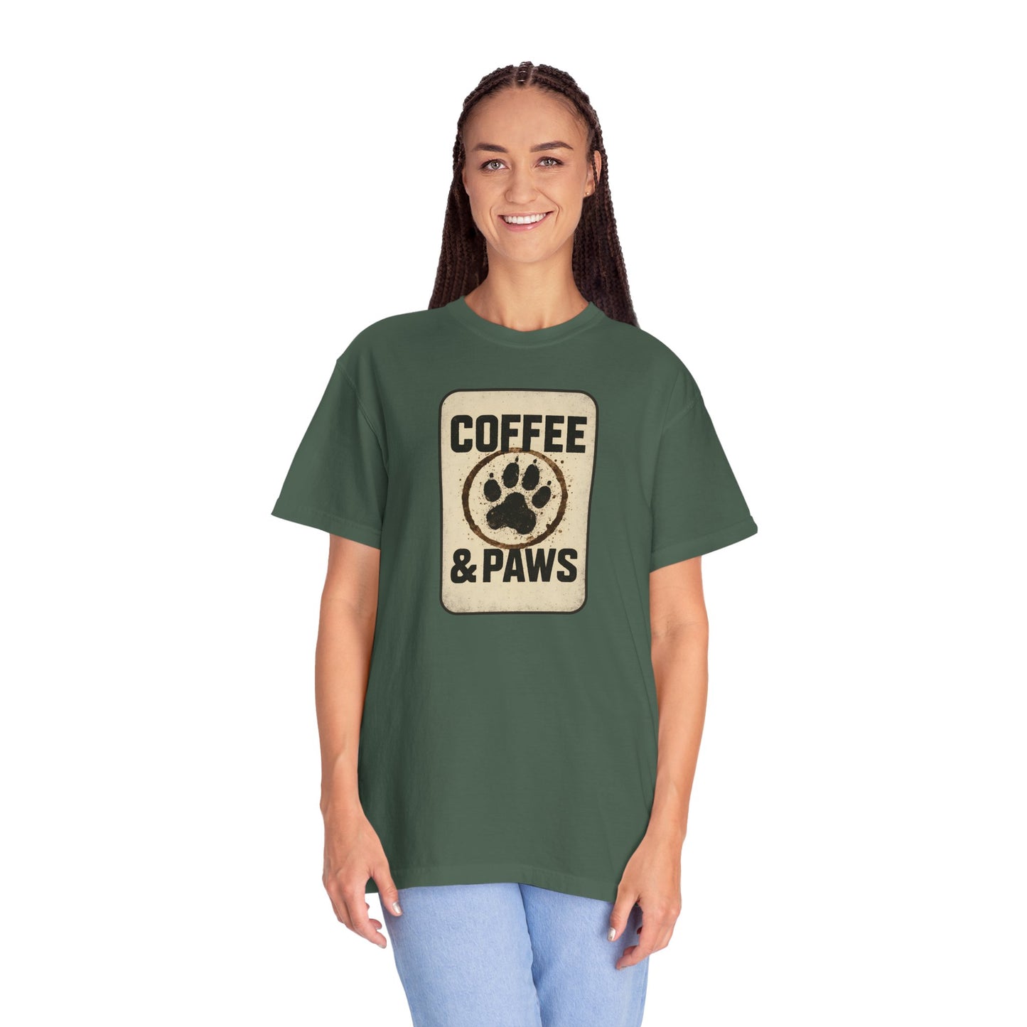 Coffee & Paws Unisex Garment-Dyed T-shirt, Dog Lover Tee, Pet Owner Gift, Coffee Lover Shirt, Animal Enthusiast Apparel, Casual Wear