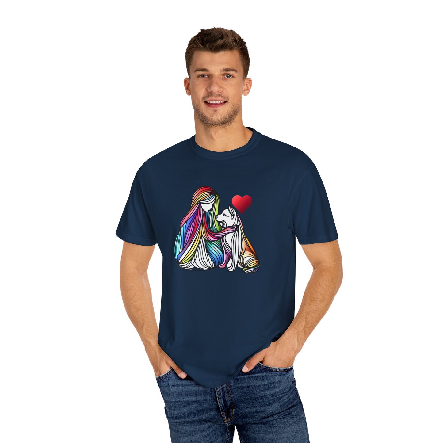 Colorful Dog Love Unisex T-Shirt - Garment-Dyed Cat & Woman Design