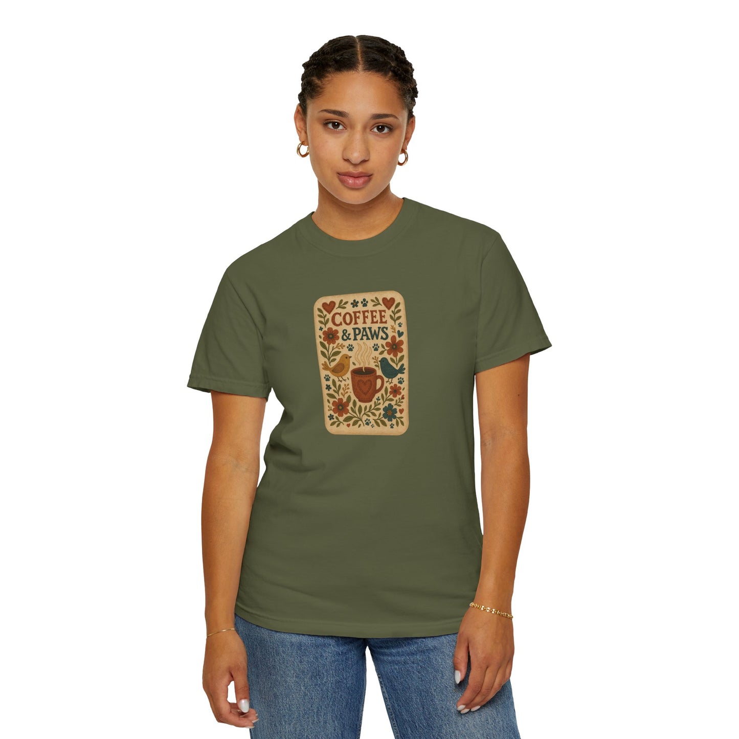 Coffee and Paws Unisex T-Shirt | Cute Pet Lover Tee, Gift for Dog Owners, Casual Wear, Animal Lover Apparel, Perfect for Coffee Lovers