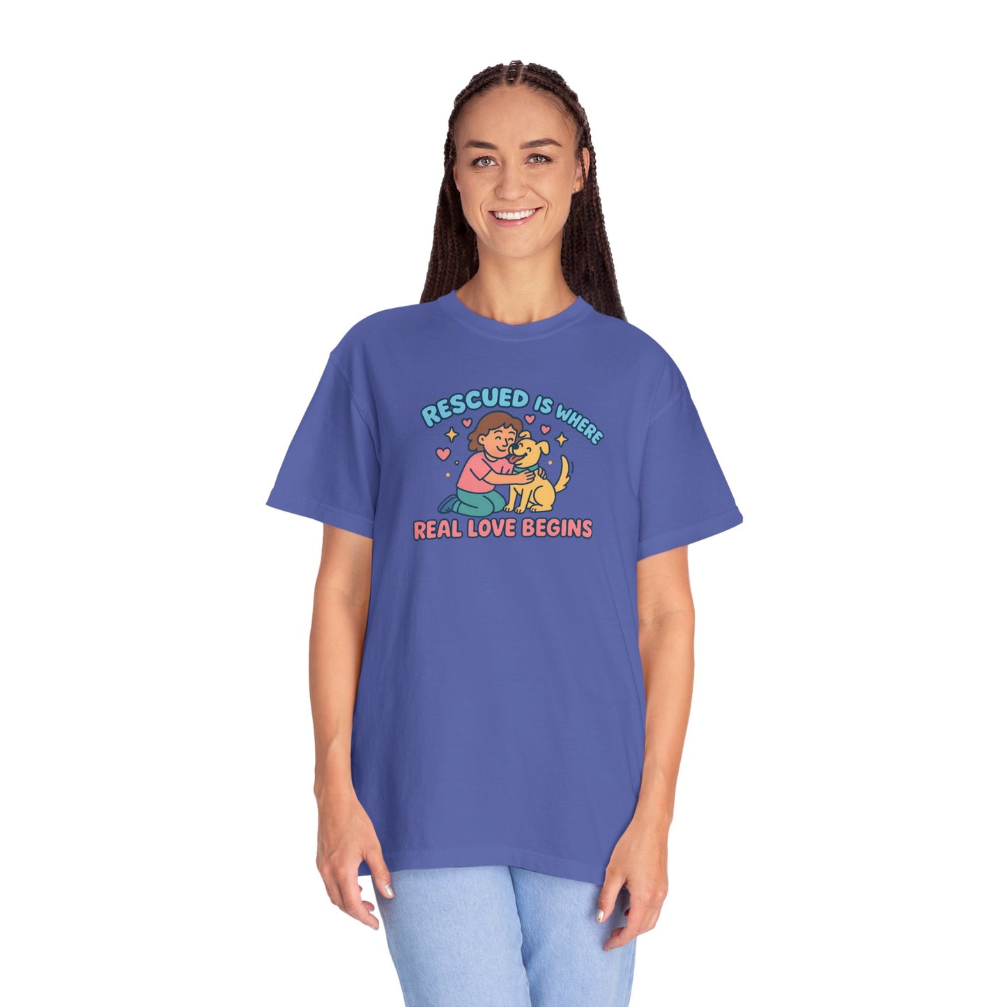 Rescued Is Where Real Love Begins Unisex T-Shirt - For Animal Lovers, Gift for Dog Owners, Adoption Awareness Tee, Casual Wear, Eco-Friendly Fashion