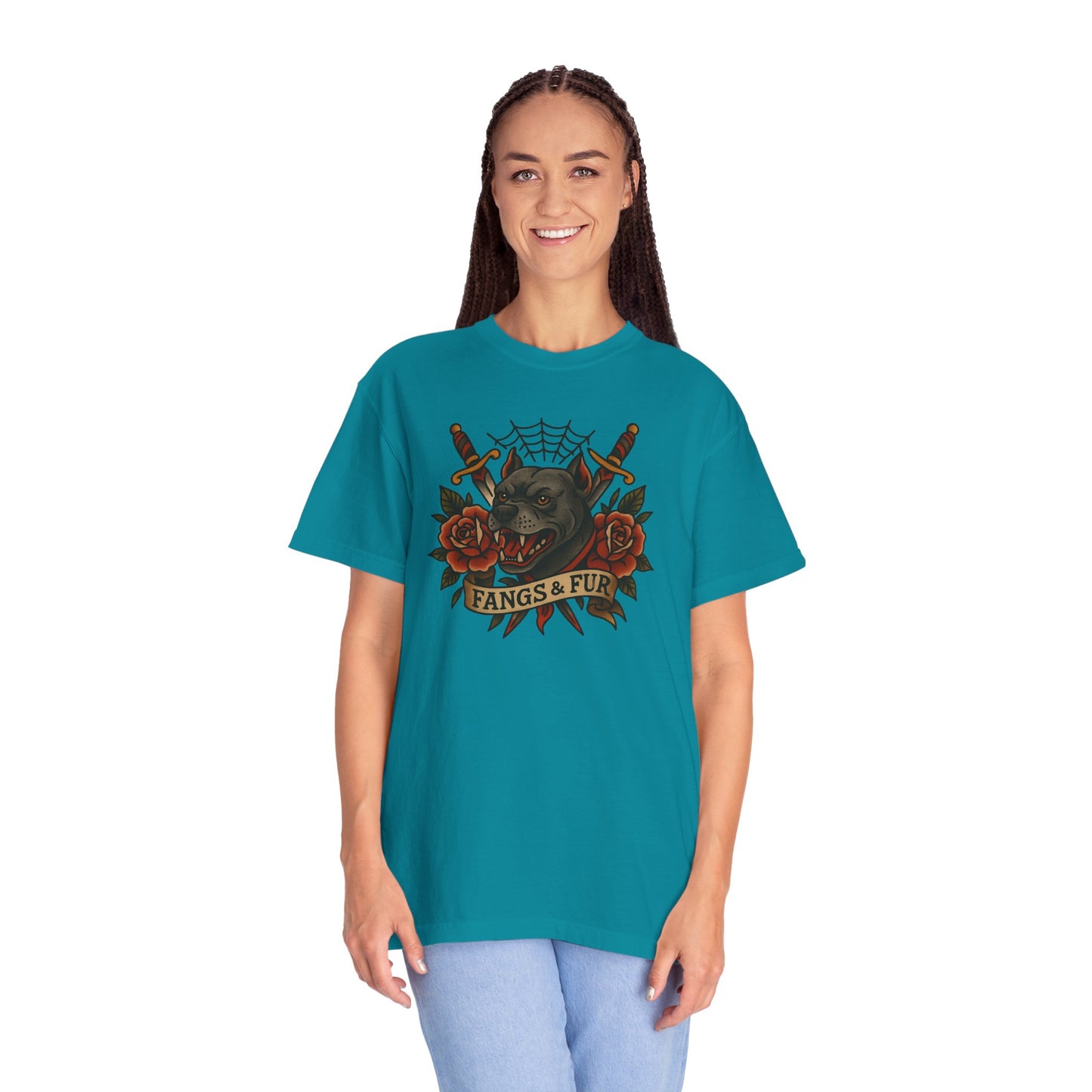 Fangs & Fur Unisex T-Shirt, Gothic Tee, Halloween Apparel, Alternative Fashion, Cat & Rose Design, Graphic T-Shirt