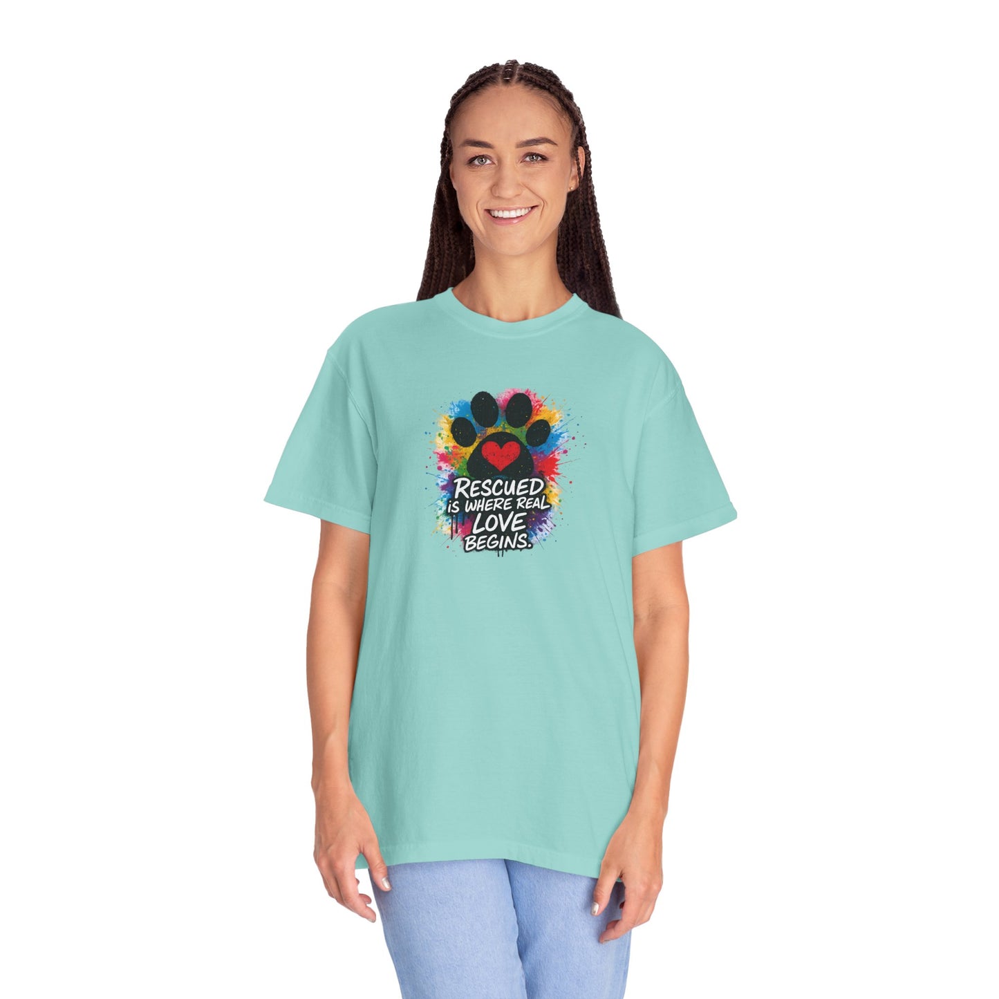 Rescued Is Where Real Love Begins T-Shirt | Paw Print Tee, Animal Lovers Gift, Dog Mom Shirt, Pet Adoption Awareness, Unisex Clothing