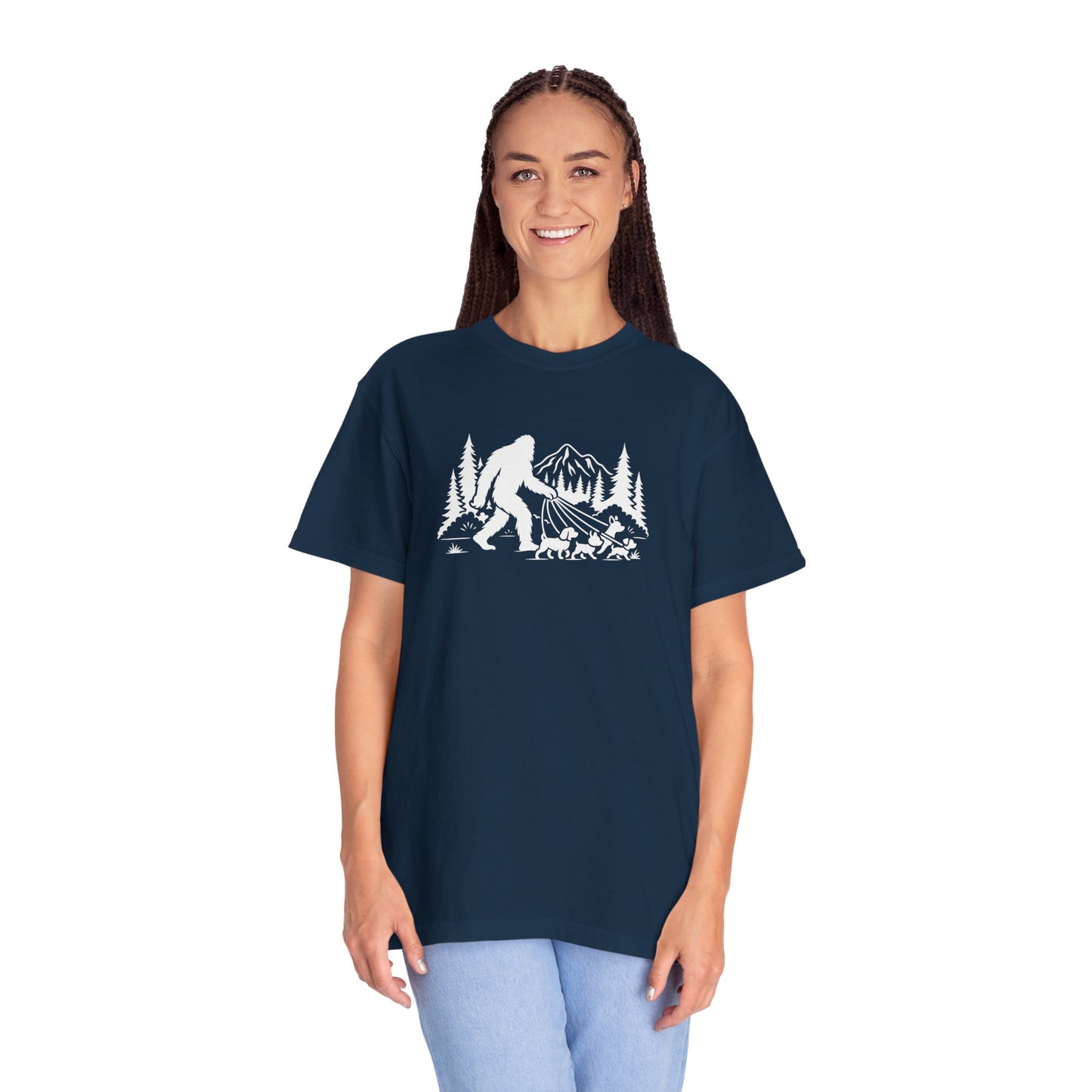 Bigfoot dog walk T-Shirt with Outdoor Adventure Design