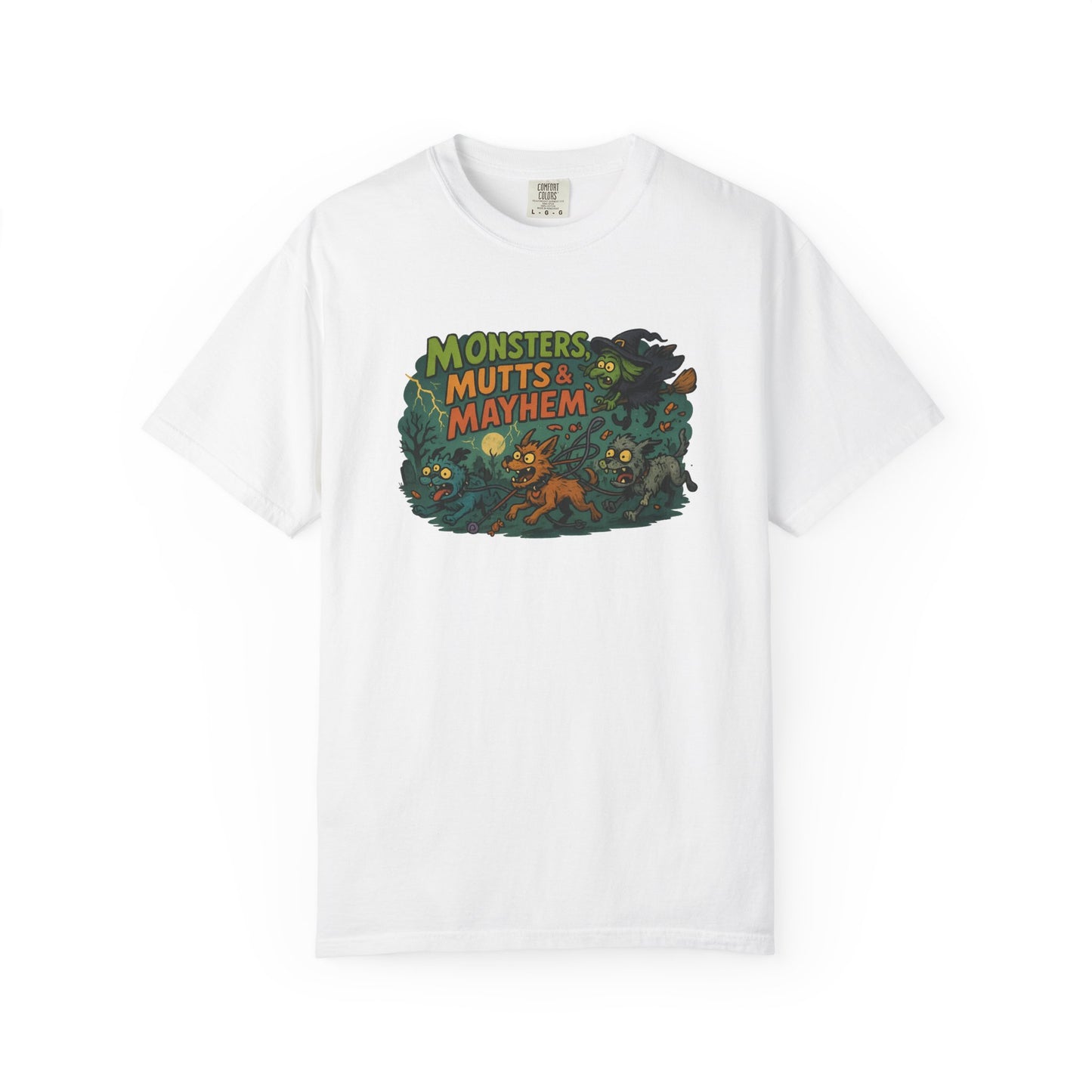 Monsters, Mutts & Mayhem T-Shirt | Unisex Cartoon Tee for Pet Lovers | Fun Graphic Top | Gift for Dog Owners | Halloween or Everyday Wear
