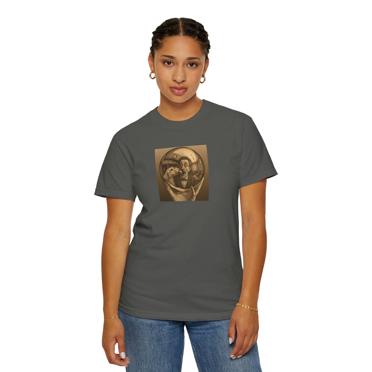 MC Escher and His Dog Unisex Garment-Dyed T-shirt - Retro Design for Creative Souls