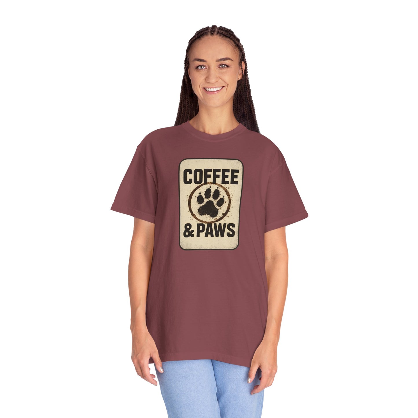 Coffee & Paws Unisex Garment-Dyed T-shirt, Dog Lover Tee, Pet Owner Gift, Coffee Lover Shirt, Animal Enthusiast Apparel, Casual Wear