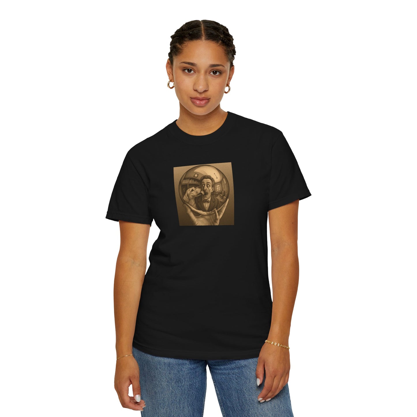 MC Escher and His Dog Unisex Garment-Dyed T-shirt - Retro Design for Creative Souls