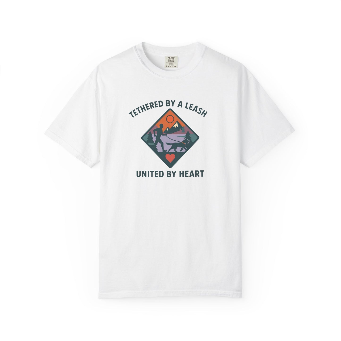 Canicross - Tethered by a Leash Unisex Garment-Dyed T-shirt - Adventure and Heart Design