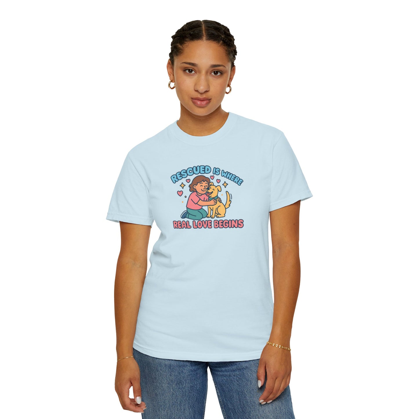 Rescued Is Where Real Love Begins Unisex T-Shirt - For Animal Lovers, Gift for Dog Owners, Adoption Awareness Tee, Casual Wear, Eco-Friendly Fashion