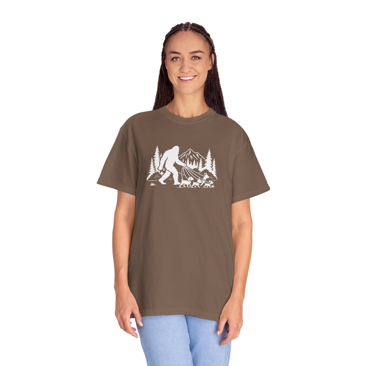 Bigfoot dog walk T-Shirt with Outdoor Adventure Design