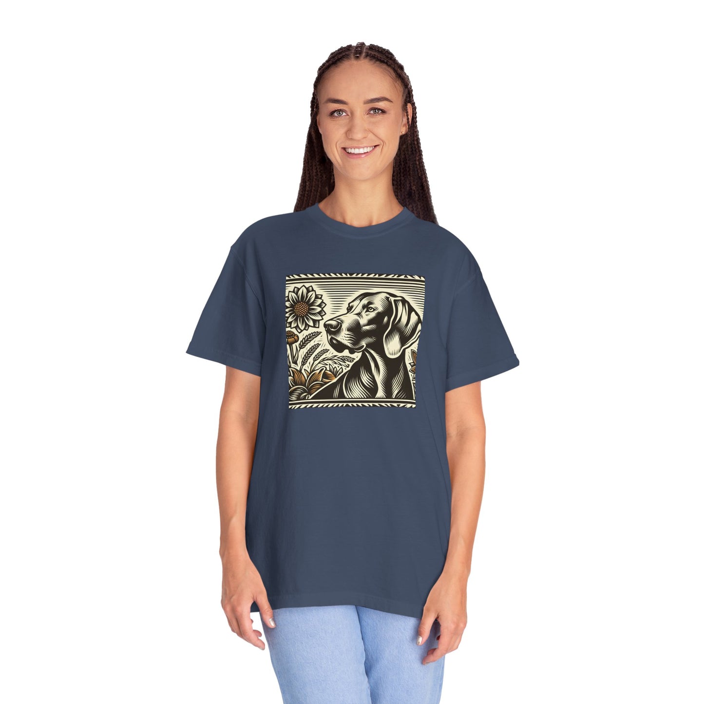 Weimaraner Dog Lover's Unisex Garment-Dyed T-Shirt with Floral Design