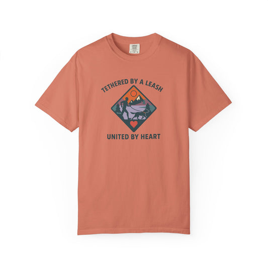 Canicross - Tethered by a Leash Unisex Garment-Dyed T-shirt - Adventure and Heart Design