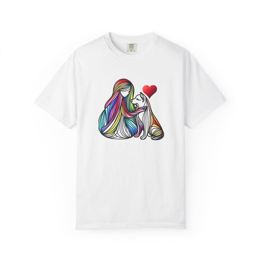 Colorful Dog Love Unisex T-Shirt - Garment-Dyed Cat & Woman Design