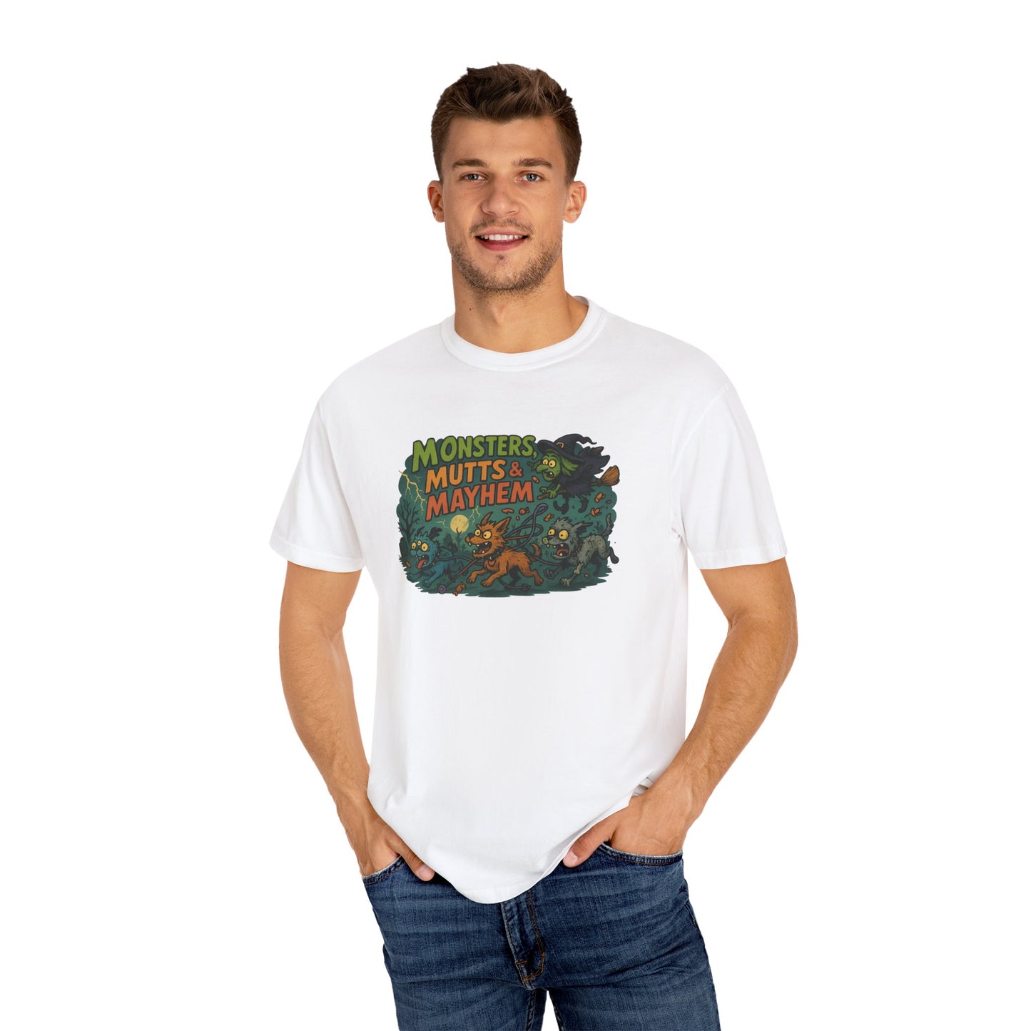Monsters, Mutts & Mayhem T-Shirt | Unisex Cartoon Tee for Pet Lovers | Fun Graphic Top | Gift for Dog Owners | Halloween or Everyday Wear