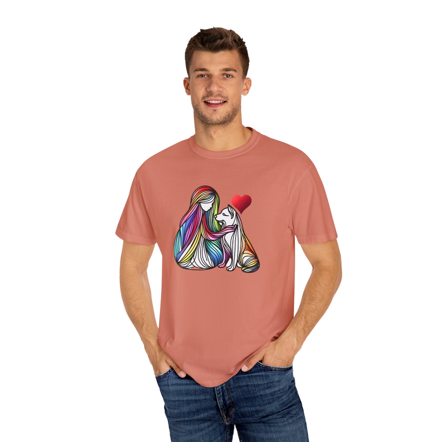 Colorful Dog Love Unisex T-Shirt - Garment-Dyed Cat & Woman Design