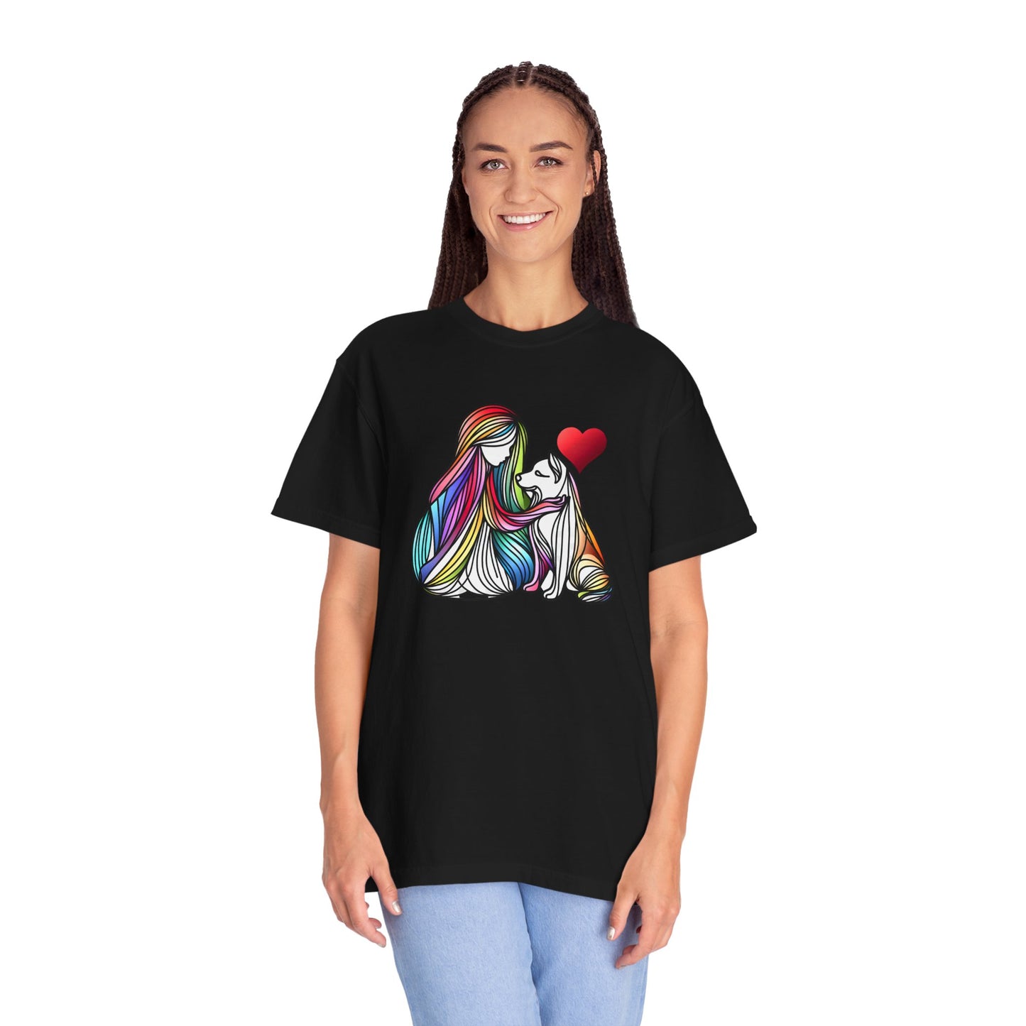 Colorful Dog Love Unisex T-Shirt - Garment-Dyed Cat & Woman Design