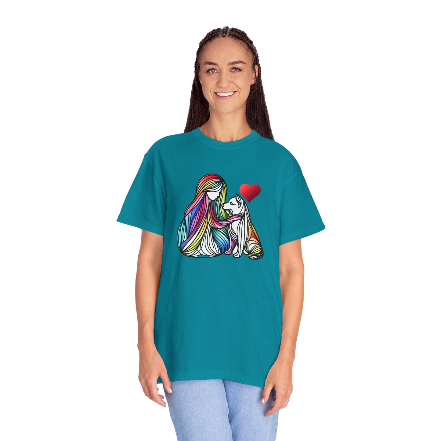 Colorful Dog Love Unisex T-Shirt - Garment-Dyed Cat & Woman Design