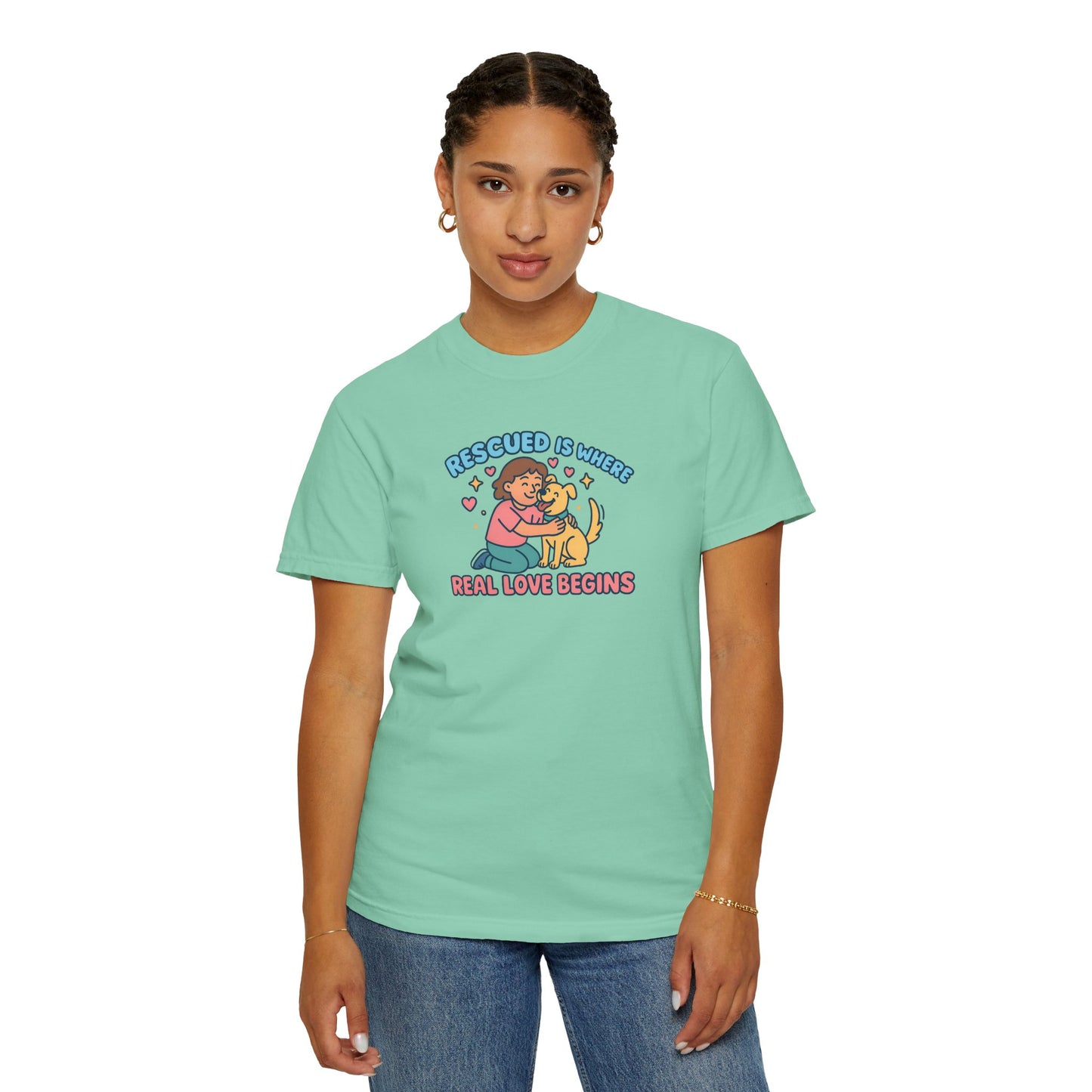 Rescued Is Where Real Love Begins Unisex T-Shirt - For Animal Lovers, Gift for Dog Owners, Adoption Awareness Tee, Casual Wear, Eco-Friendly Fashion