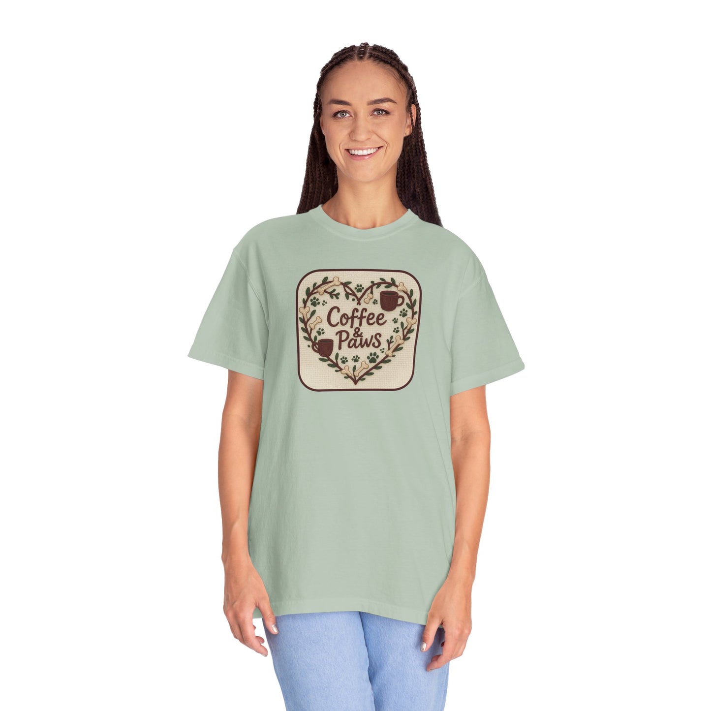 Coffee Paws Unisex Garment-Dyed T-shirt, Cute Coffee Lover Tee, Gift for Dog Owners, Nature-Inspired Shirt, Cozy Casual Wear
